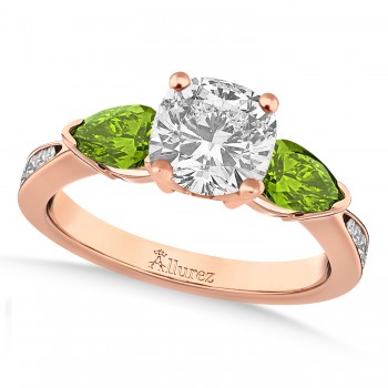 Cushion Diamond & Pear Peridot Engagement Ring 14k Rose Gold (1.79ct)