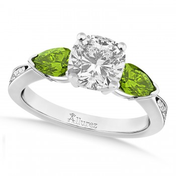 Cushion Diamond & Pear Peridot Engagement Ring in Platinum (1.79ct)