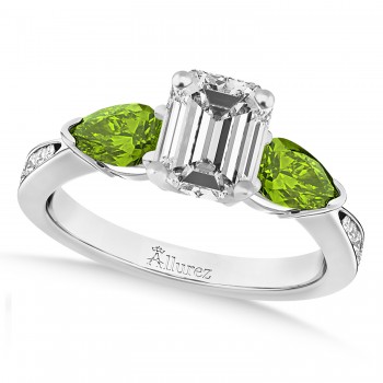 Emerald Diamond & Pear Peridot Engagement Ring 18k White Gold (1.79ct)