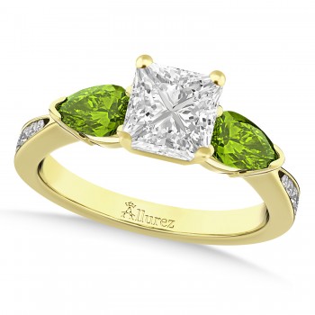 Princess Diamond & Pear Peridot Engagement Ring 18k Yellow Gold (1.79ct)