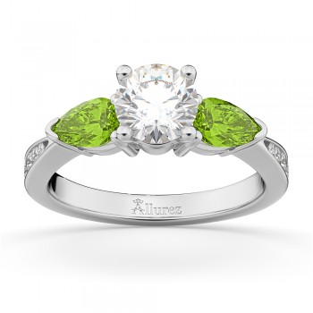 Round Diamond & Pear Peridot Engagement Ring 18k White Gold (1.79ct)