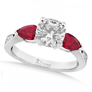 Cushion Diamond & Pear Ruby Gemstone Engagement Ring 14k White Gold (1.29ct)