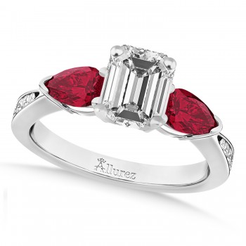 Emerald Diamond & Pear Ruby Gemstone Engagement Ring 18k White Gold (1.29ct)