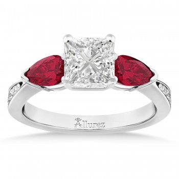 Princess Diamond & Pear Ruby Gemstone Engagement Ring 14k White Gold (1.29ct)