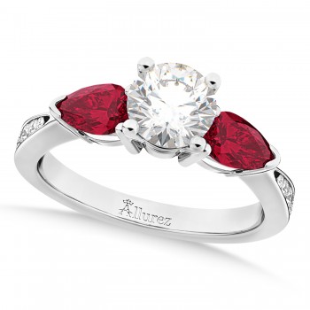 Round Diamond & Pear Ruby Gemstone Engagement Ring 14k White Gold (1.29ct)