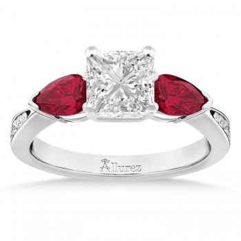 Princess Diamond & Pear Ruby Gemstone Engagement Ring 14k White Gold (1.79ct)