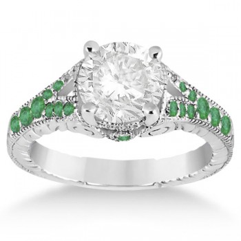 Antique Style Art Deco Emerald Engagement Ring 14k White Gold (0.33ct)