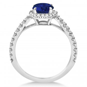 Halo Blue Sapphire & Diamond Engagement Ring  14K White Gold 1.91ct