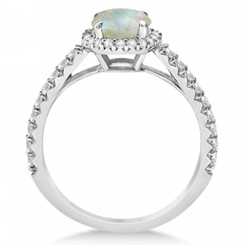 Halo Opal & Diamond Engagement Ring  14K White Gold 1.25ct