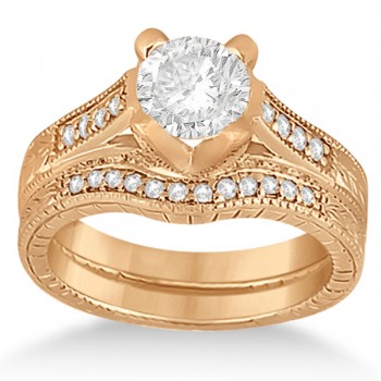 Antique Style Engagement Ring and Matching Wedding Band in 14k Rose Gold