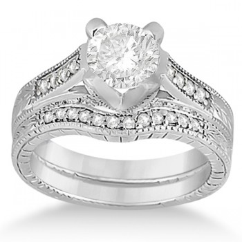 Antique Style Engagement Ring and Matching Wedding Band in 14k White Gold