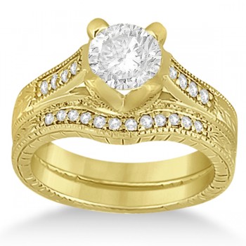 Antique Style Engagement Ring and Matching Wedding Band in 14k Yellow Gold