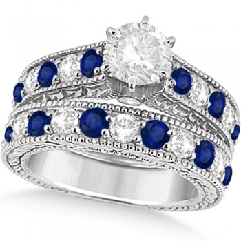Antique Diamond & Blue Sapphire Bridal Ring Set 14k White Gold (3.87ct)