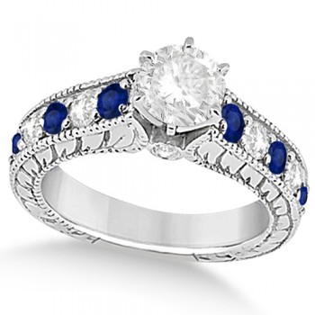Antique Diamond & Blue Sapphire Bridal Ring Set 18k White Gold (3.87ct)