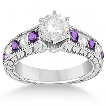 Antique Diamond & Amethyst Bridal Wedding Ring Set 18k White Gold (2.75ct)