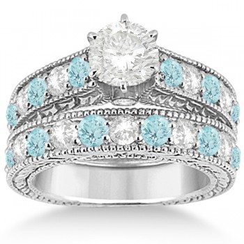 Antique Diamond & Aquamarine Bridal Wedding Ring Set 14k White Gold (2.75ct)