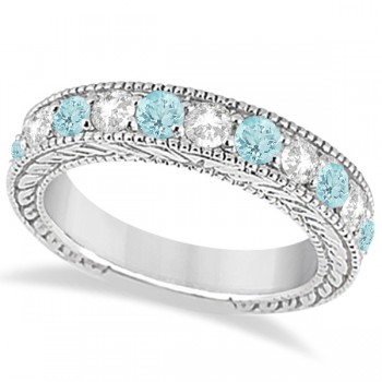 Antique Diamond & Aquamarine Engagement Wedding Ring 14k White Gold (1.40ct)