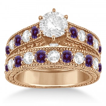 Antique Diamond & Lab Alexandrite Bridal Ring Set 18k Rose Gold (2.87ct)