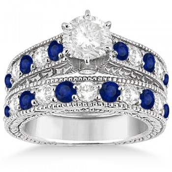 Antique Diamond & Sapphire Bridal Ring Set 14k White Gold (2.87ct)