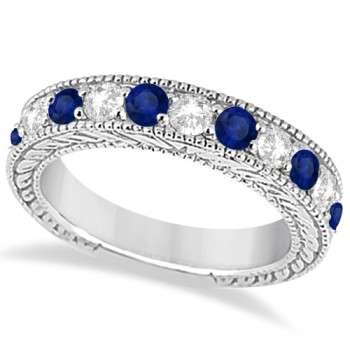 Antique Diamond & Sapphire Wedding Ring Band 18k White Gold (1.46ct)