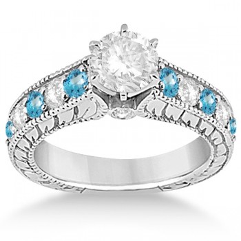 Antique Diamond & Blue Topaz Bridal Wedding Ring Set 14k White Gold (2.75ct)