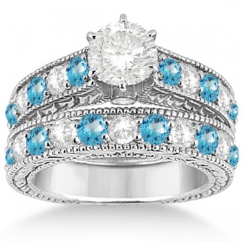 Antique Diamond & Blue Topaz Bridal Wedding Ring Set 18k White Gold (2.75ct)