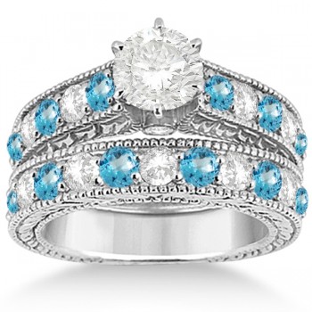Antique Diamond & Blue Topaz Bridal Wedding Ring Set in Palladium (2.75ct)