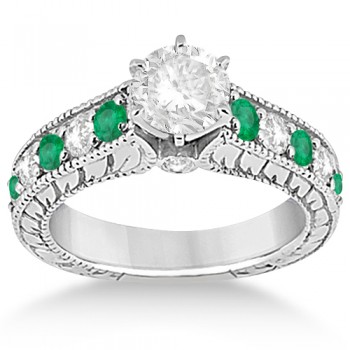 Antique Diamond & Emerald Bridal Ring Set 14k White Gold (2.51ct)