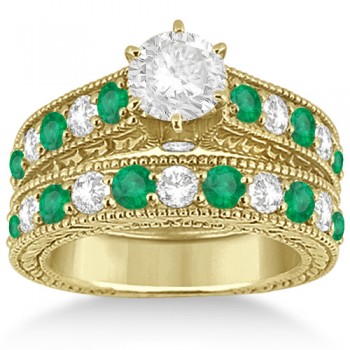Antique Diamond & Emerald Bridal Ring Set 14k Yellow Gold (2.51ct)