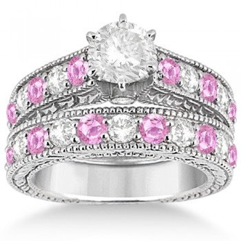 Antique Diamond & Pink Sapphire Bridal Set in 14k White Gold (2.87ct)