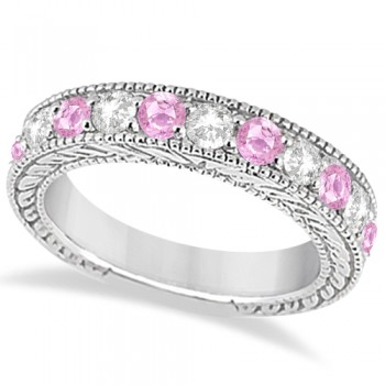 Antique Diamond & Pink Sapphire Wedding Ring Band in Platinum (1.46ct)