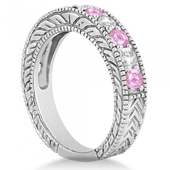 Antique Diamond & Pink Sapphire Wedding Ring Band in Platinum (1.46ct)