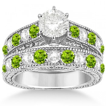 Antique Diamond & Peridot Bridal Wedding Ring Set 18k White Gold (2.75ct)