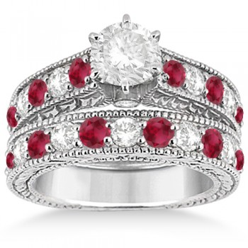 Antique Diamond & Ruby Bridal Wedding Ring Set 14k White Gold (2.75ct)