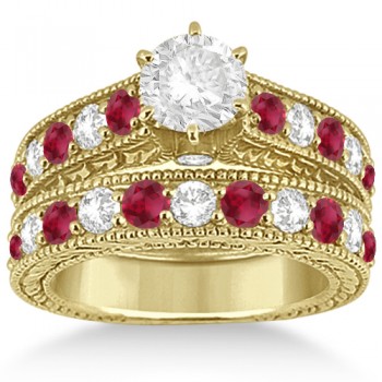 Antique Diamond & Ruby Bridal Ring Set in 14k Yellow Gold (2.75ct)