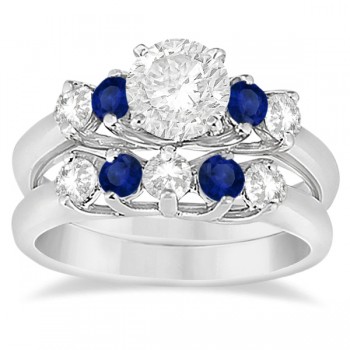 Five Stone Diamond and Sapphire Bridal Ring Set 14k White Gold (1.10ct)