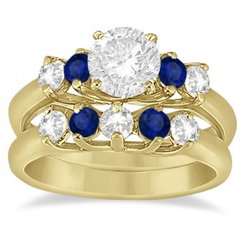 Five Stone Diamond and Sapphire Bridal Ring Set 14k Yellow Gold (1.10ct)