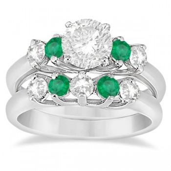 Five Stone Diamond and Emerald Bridal Ring Set Palladium (0.98ct)