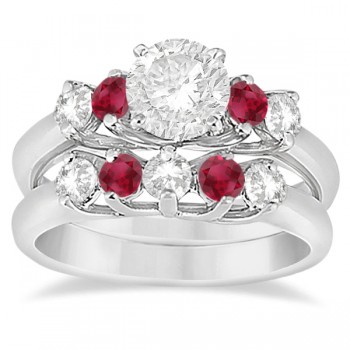 Five Stone Diamond and Ruby Bridal Ring Set 14k White Gold (1.10ct)