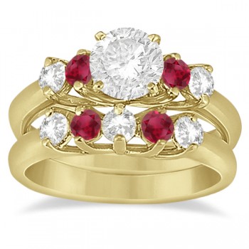 Five Stone Diamond and Ruby Bridal Ring Set 18k Yellow Gold (1.10ct)