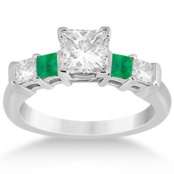 5 Stone Princess Diamond & Emerald Engagement Ring 18K W. Gold 0.46ct