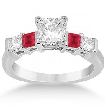 5 Stone Princess Diamond & Ruby Engagement Ring 14K White Gold 0.46ct