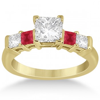 5 Stone Princess Diamond & Ruby Engagement Ring 14K Yellow Gold 0.46ct