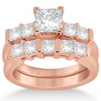 Five Stone Princess Cut Diamond Bridal Set 14K Rose Gold (0.90ct)