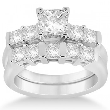 Five Stone Princess Cut Diamond Bridal Set 14K White Gold (0.90ct)