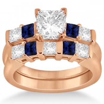 5 Stone Diamond & Blue Sapphire Bridal Set 14K Rose Gold 1.02ct