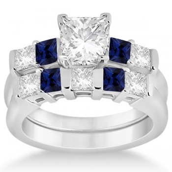 5 Stone Diamond & Blue Sapphire Bridal Set 18k White Gold 1.02ct