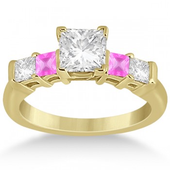 5 Stone Diamond & Pink Sapphire Bridal Set 14K Yellow Gold 1.02ct