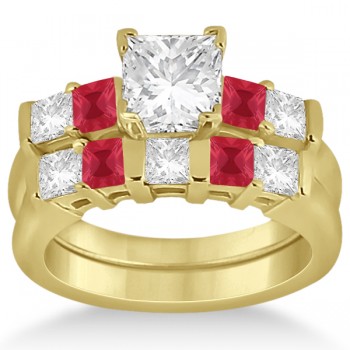 5 Stone Princess Diamond & Ruby Bridal Ring Set 18k Yellow Gold 1.02ct