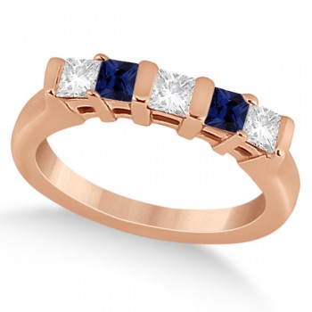 5 Stone Diamond & Blue Sapphire Princess Ring 14K Rose Gold 0.56ct